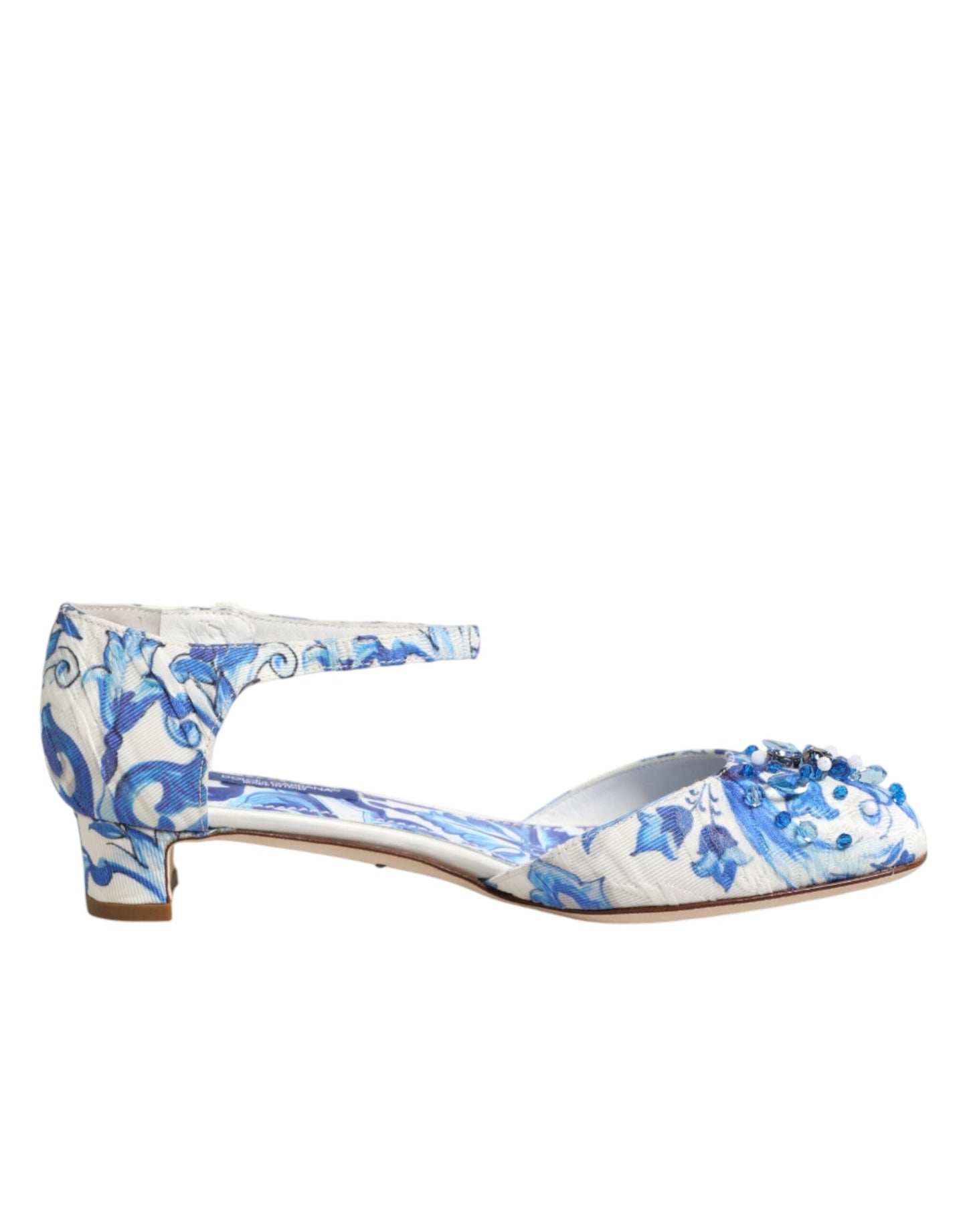 Dolce &amp; Gabbana Schuhe mit Knöchelriemen in Weiß und Blau mit Blumenmuster und Kristallen