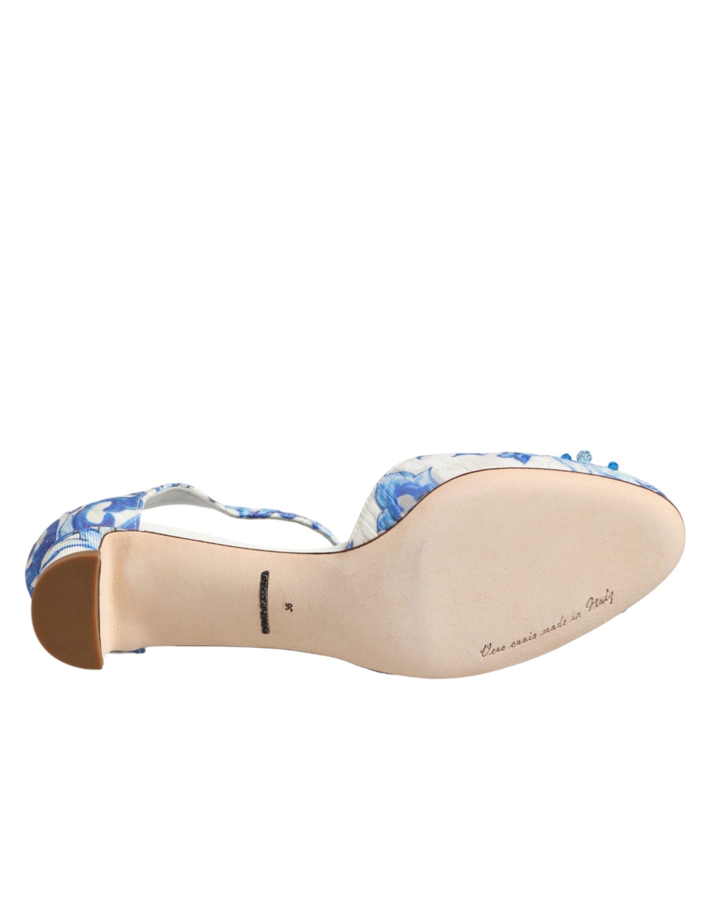Dolce &amp; Gabbana Schuhe mit Knöchelriemen in Weiß und Blau mit Blumenmuster und Kristallen