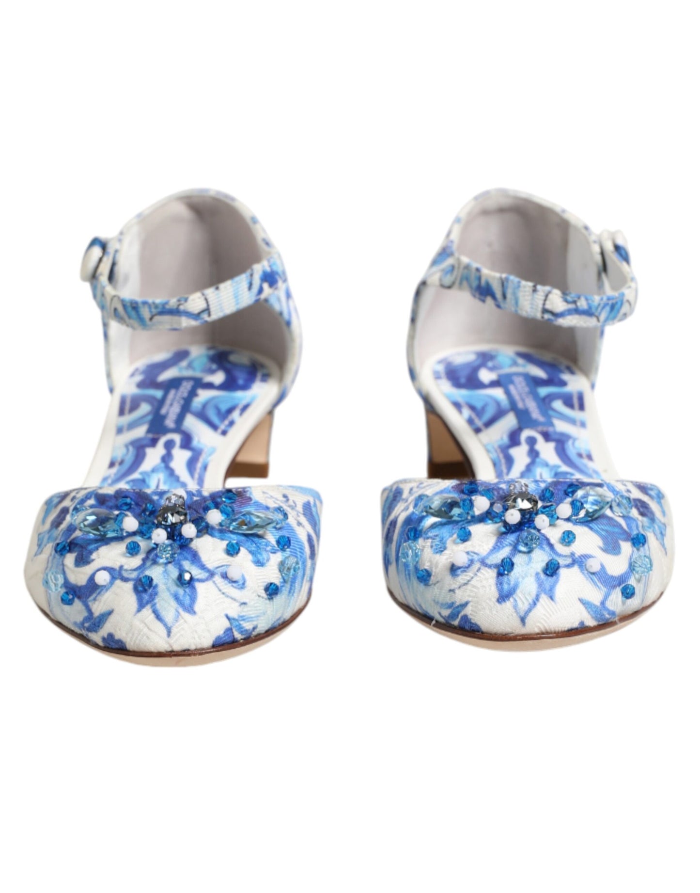 Dolce &amp; Gabbana Schuhe mit Knöchelriemen in Weiß und Blau mit Blumenmuster und Kristallen