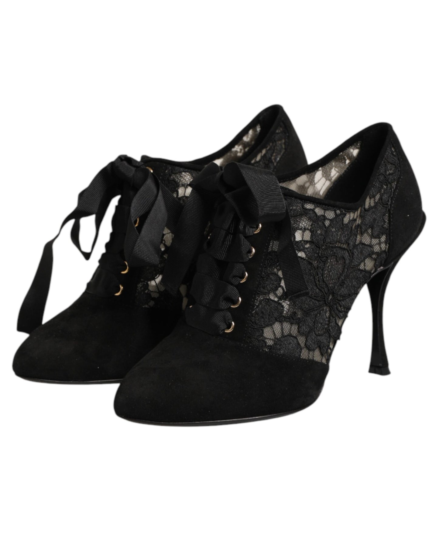 Dolce &amp; Gabbana Schwarze High Heels mit Blumenmuster, Schnürschuhe