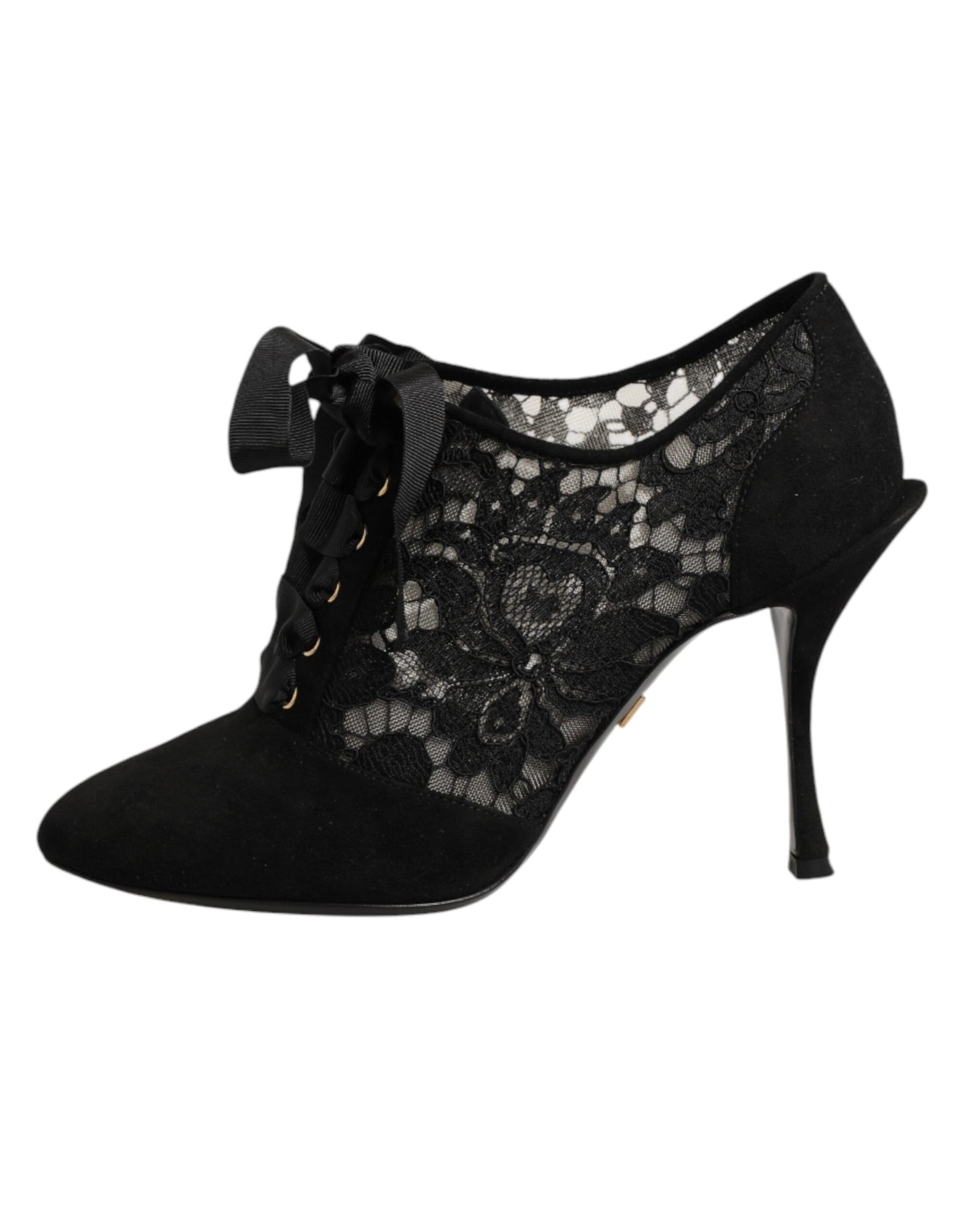 Dolce &amp; Gabbana Schwarze High Heels mit Blumenmuster, Schnürschuhe