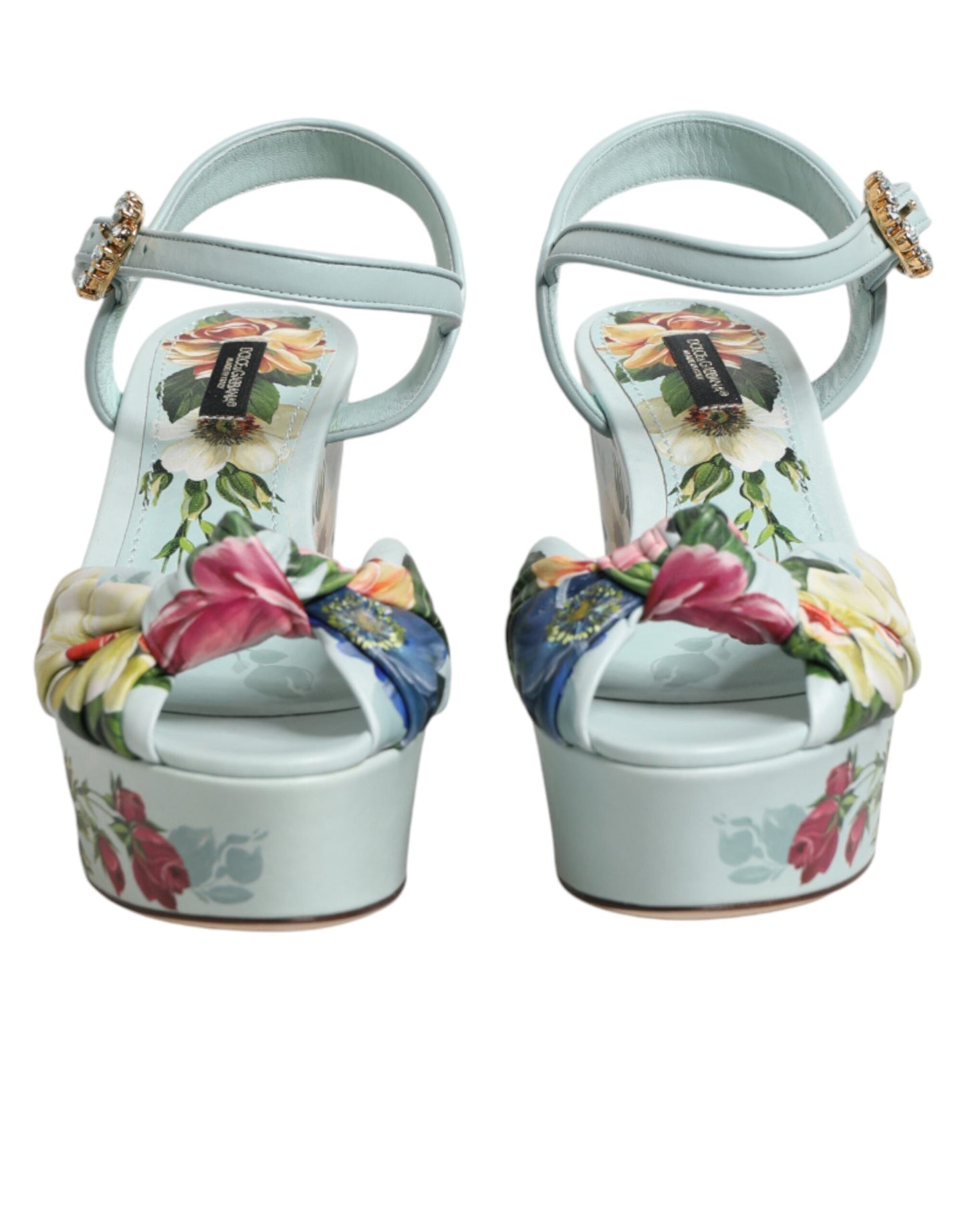 Dolce &amp; Gabbana Grüne Sandalen mit Blumenmuster und Keilabsatz am Knöchel