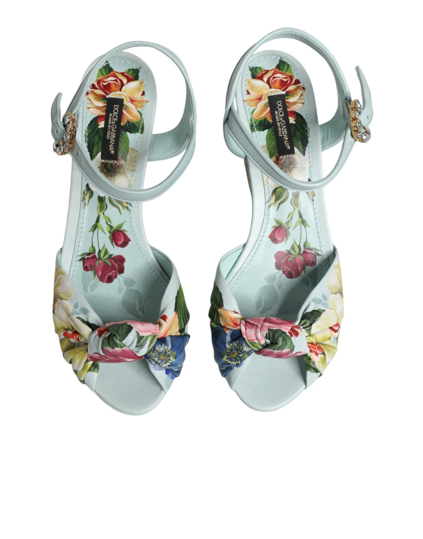 Dolce &amp; Gabbana Grüne Sandalen mit Blumenmuster und Keilabsatz am Knöchel