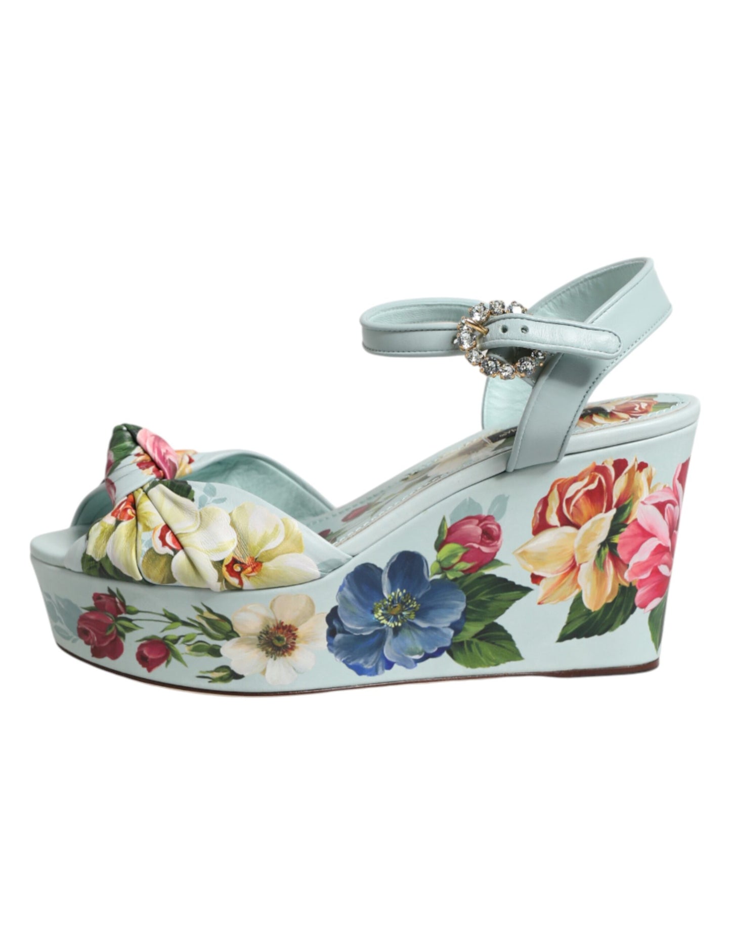 Dolce &amp; Gabbana Grüne Sandalen mit Blumenmuster und Keilabsatz am Knöchel