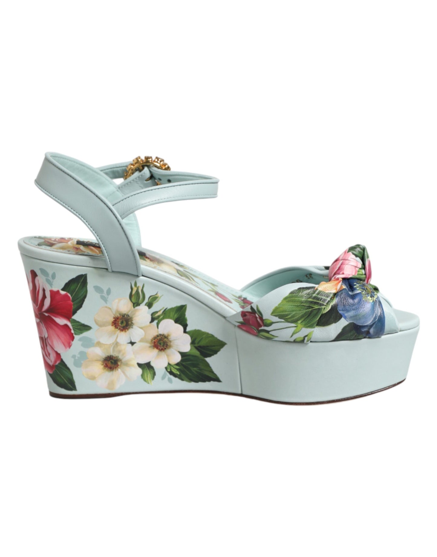 Dolce &amp; Gabbana Grüne Sandalen mit Blumenmuster und Keilabsatz am Knöchel
