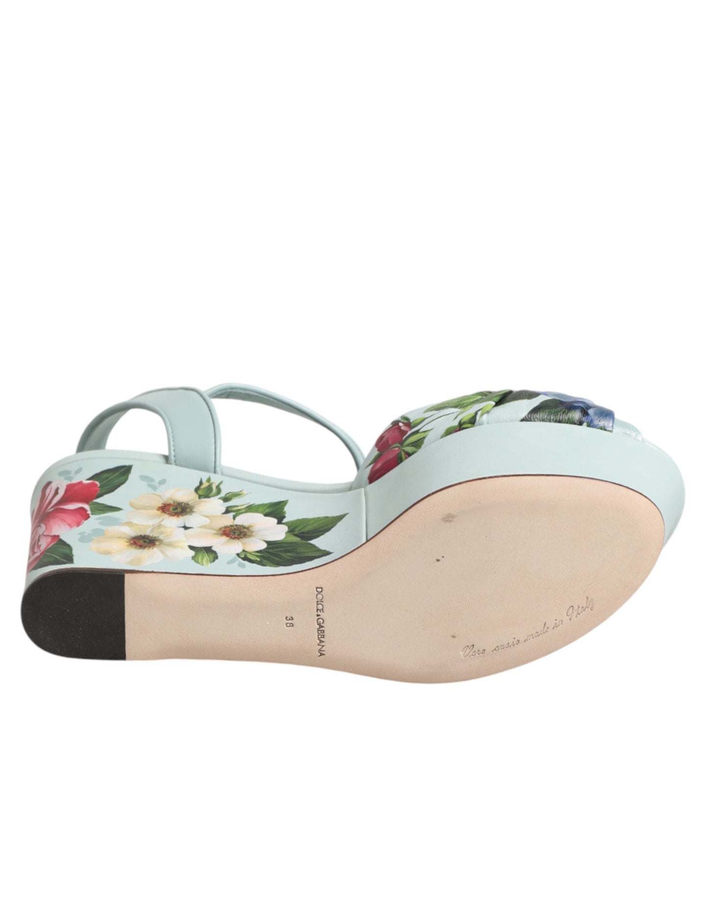 Dolce &amp; Gabbana Grüne Sandalen mit Blumenmuster und Keilabsatz am Knöchel