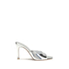 Amina Muaddi Silver Calf Leather Bos Taurus Stiletto Heel Sandals