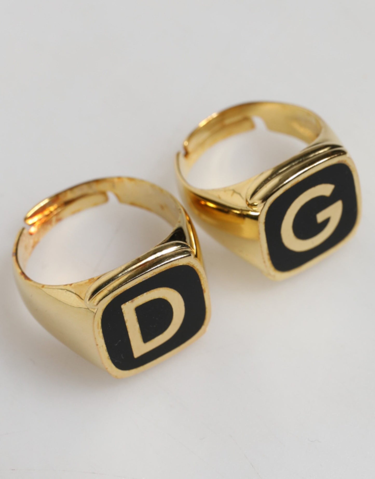 Dolce & Gabbana Gold-Tone Real Brass Black Enamel "DG" Adjustable Rings