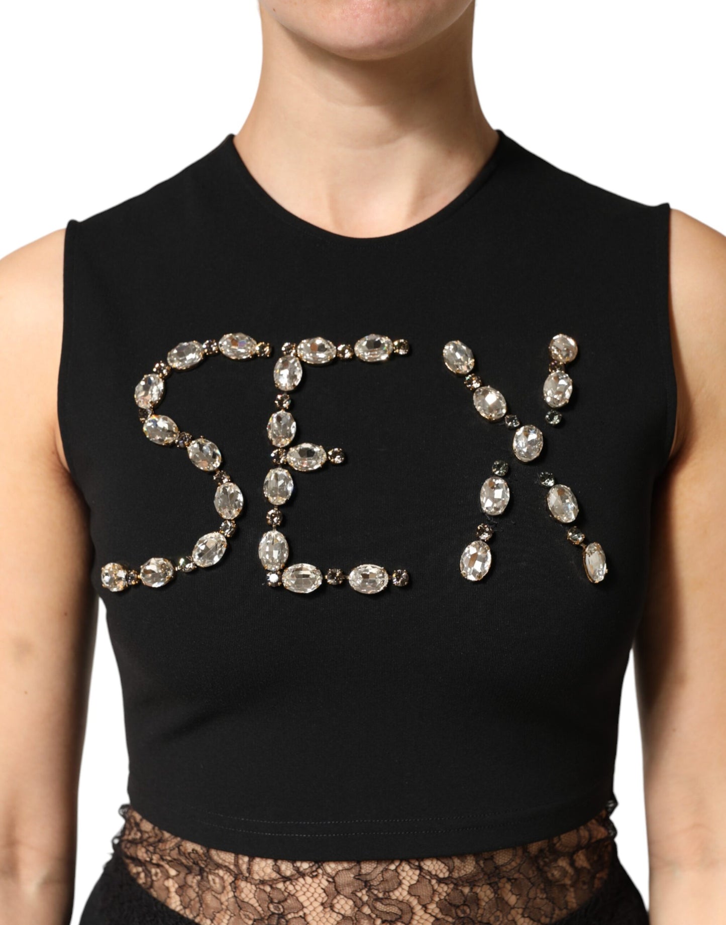 Dolce &amp; Gabbana Schwarzes Jersey-Tanktop mit Spitze und Strasssteinen