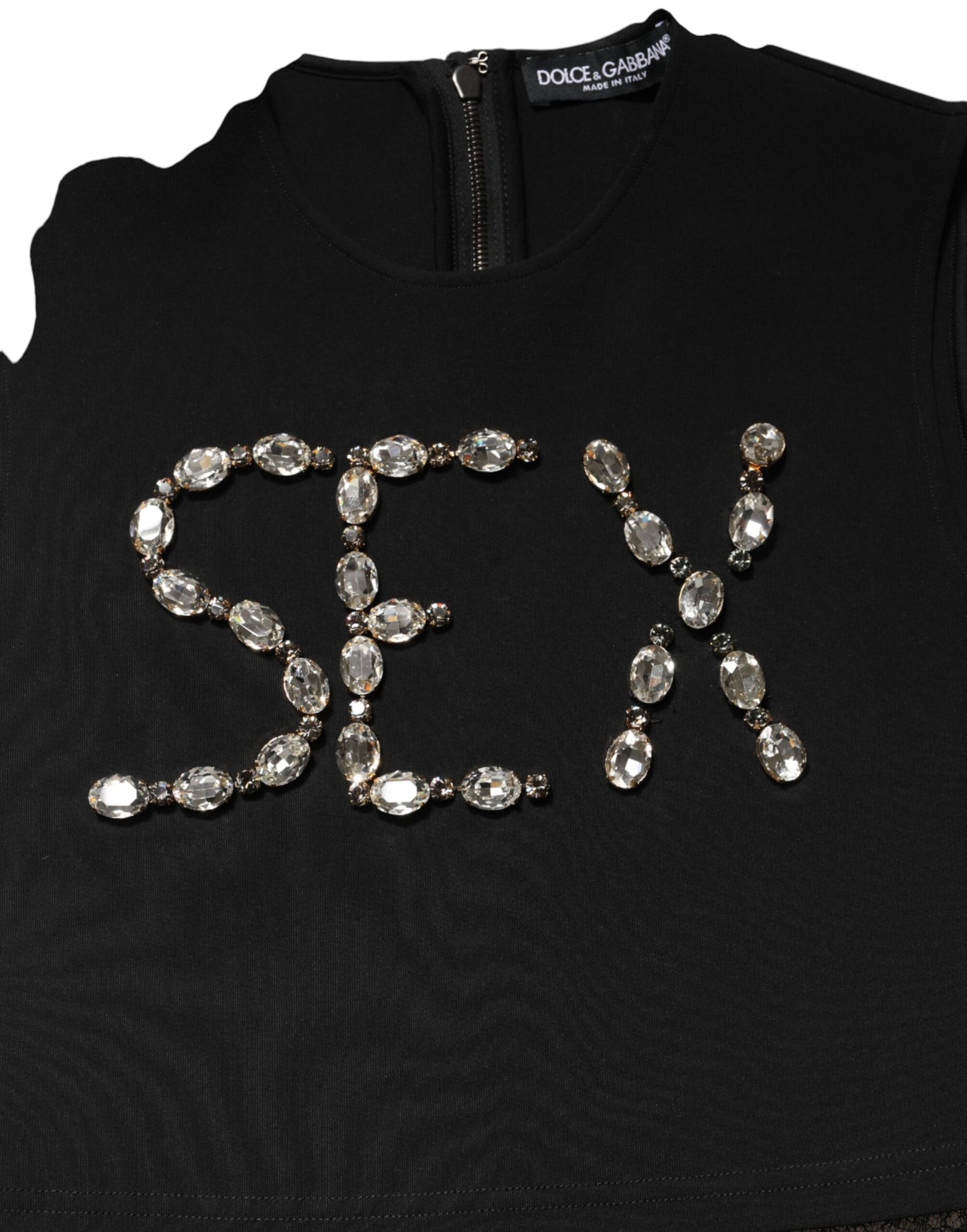 Dolce &amp; Gabbana Schwarzes Jersey-Tanktop mit Spitze und Strasssteinen