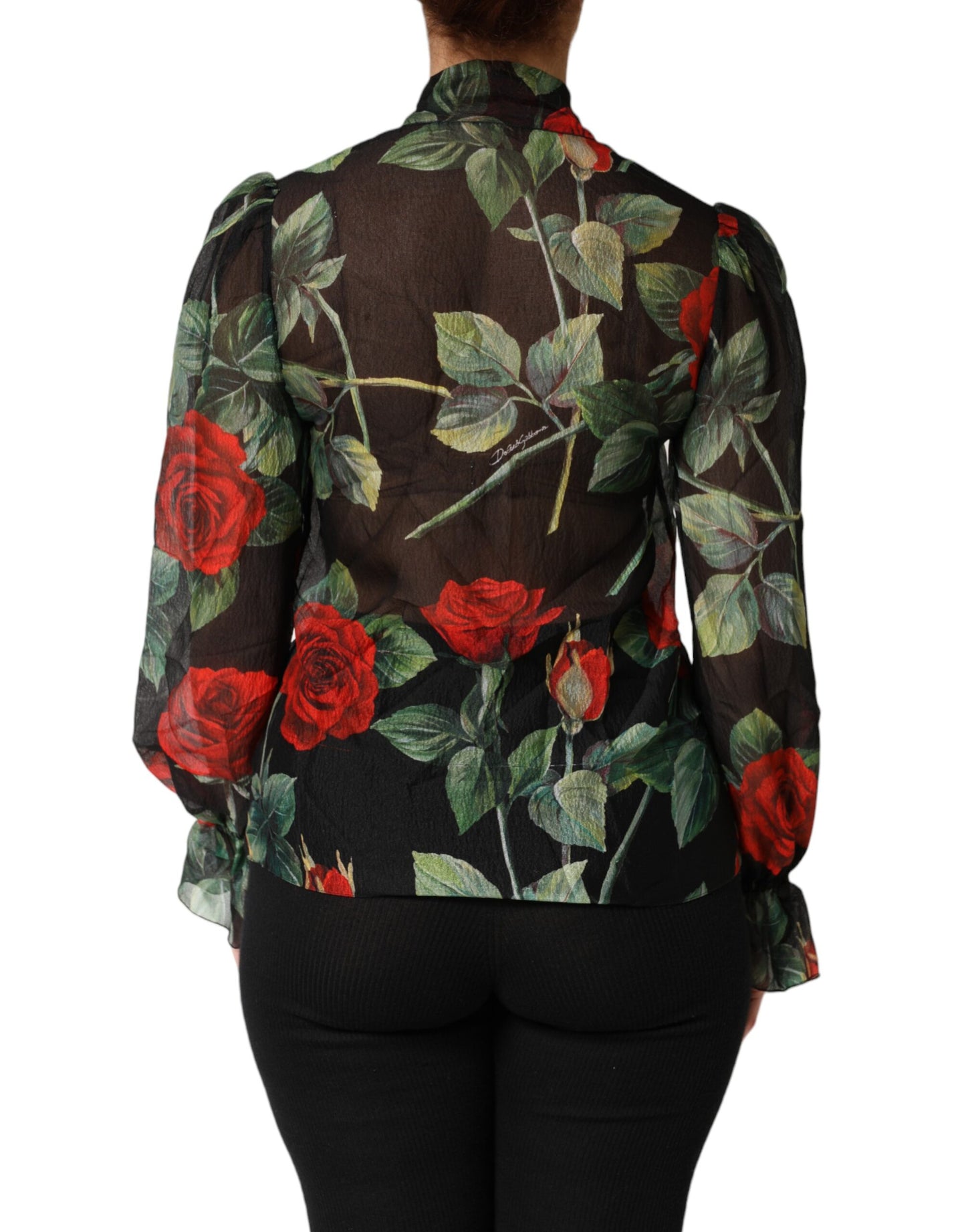 Dolce &amp; Gabbana Schwarze Seidenbluse mit Blumenmuster und langen Ärmeln