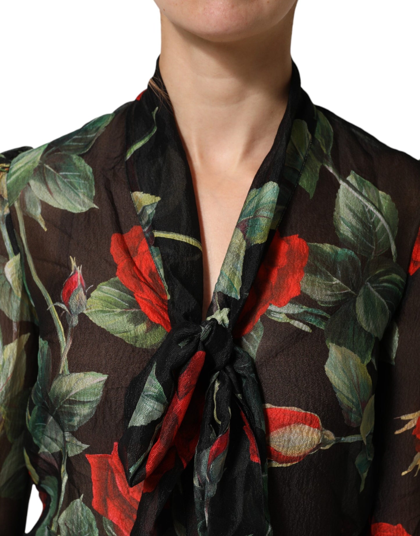 Dolce &amp; Gabbana Schwarze Seidenbluse mit Blumenmuster und langen Ärmeln