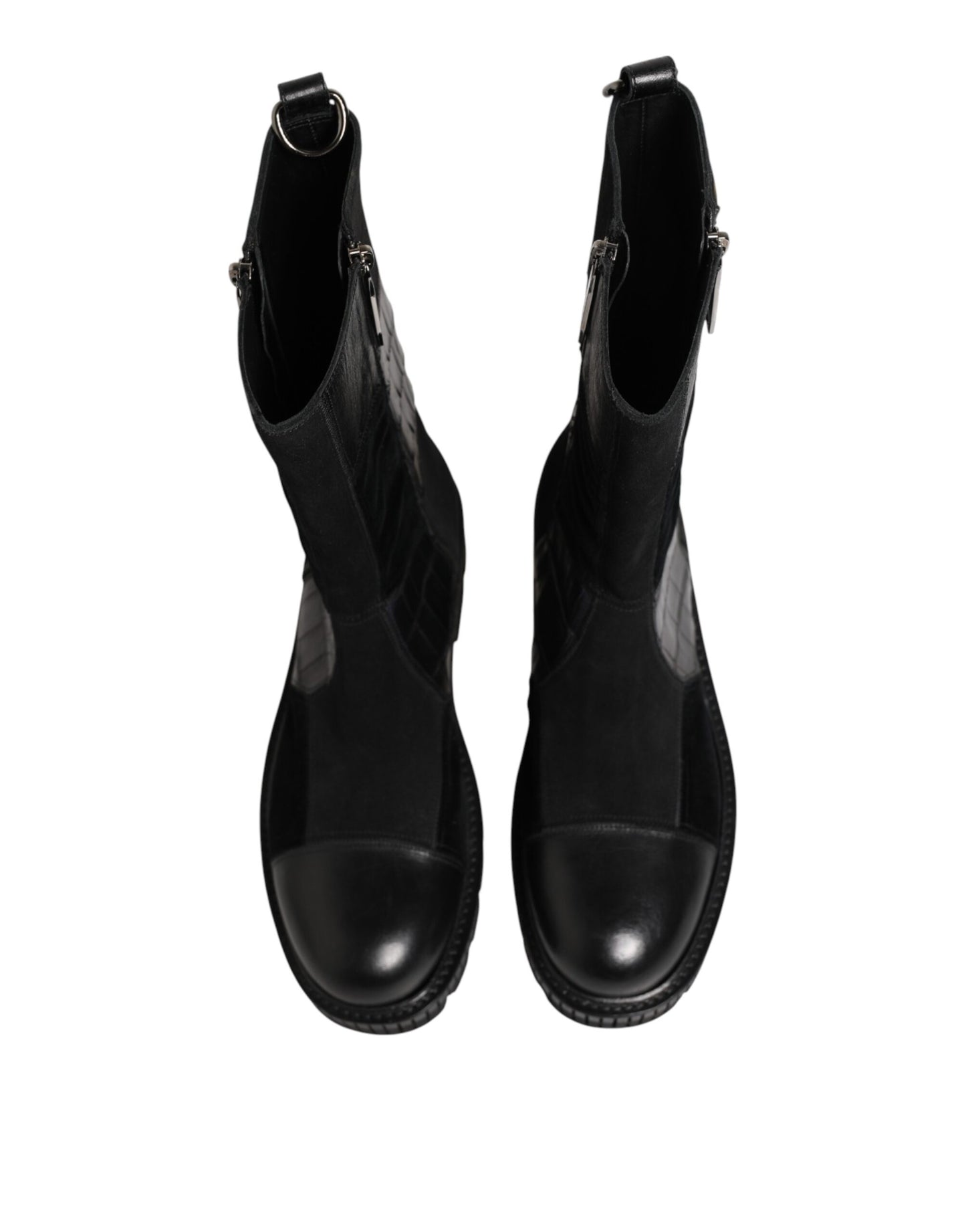 Dolce &amp; Gabbana Schwarze Patchwork-Lederstiefel bis zur Wade