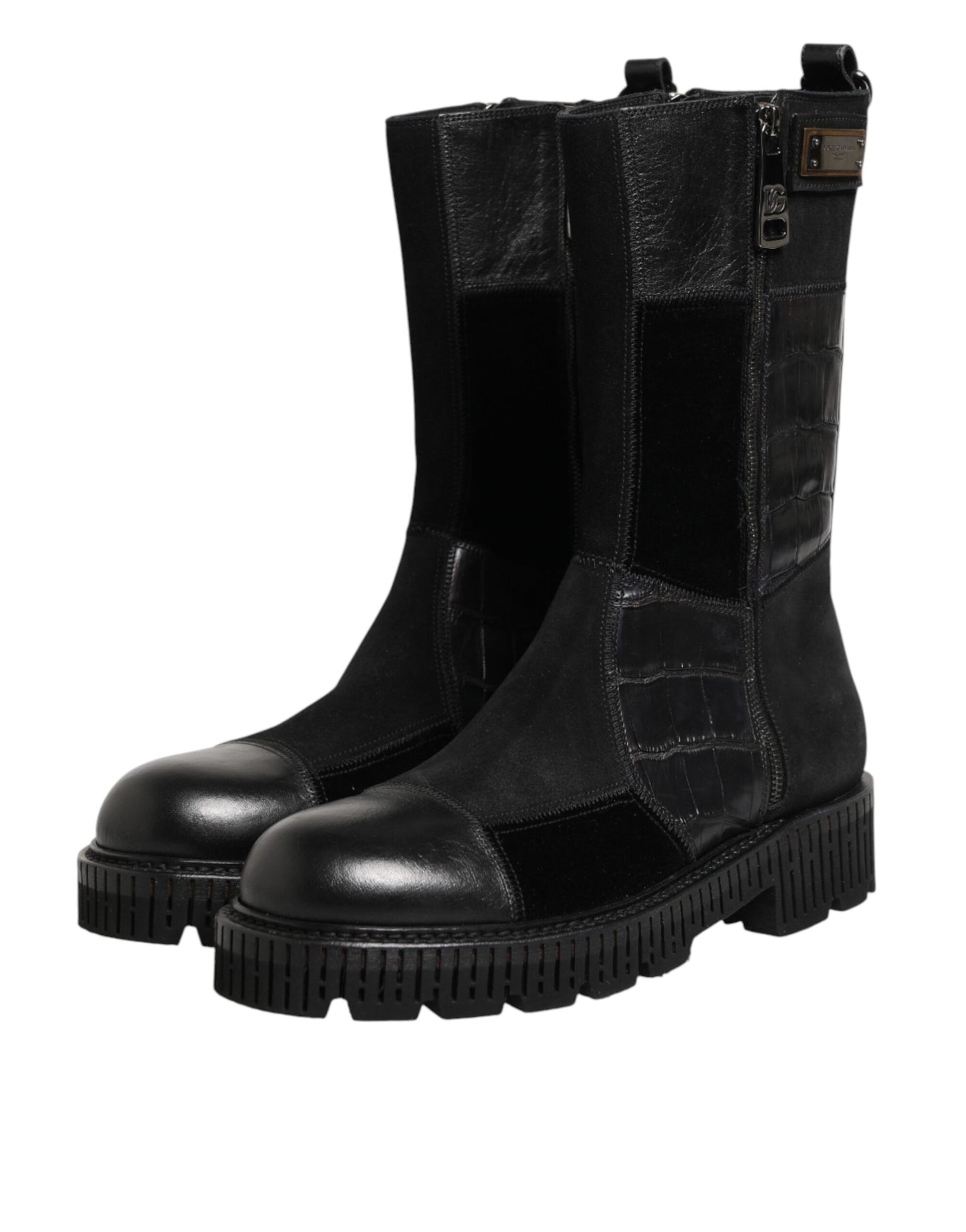 Dolce &amp; Gabbana Schwarze Patchwork-Lederstiefel bis zur Wade