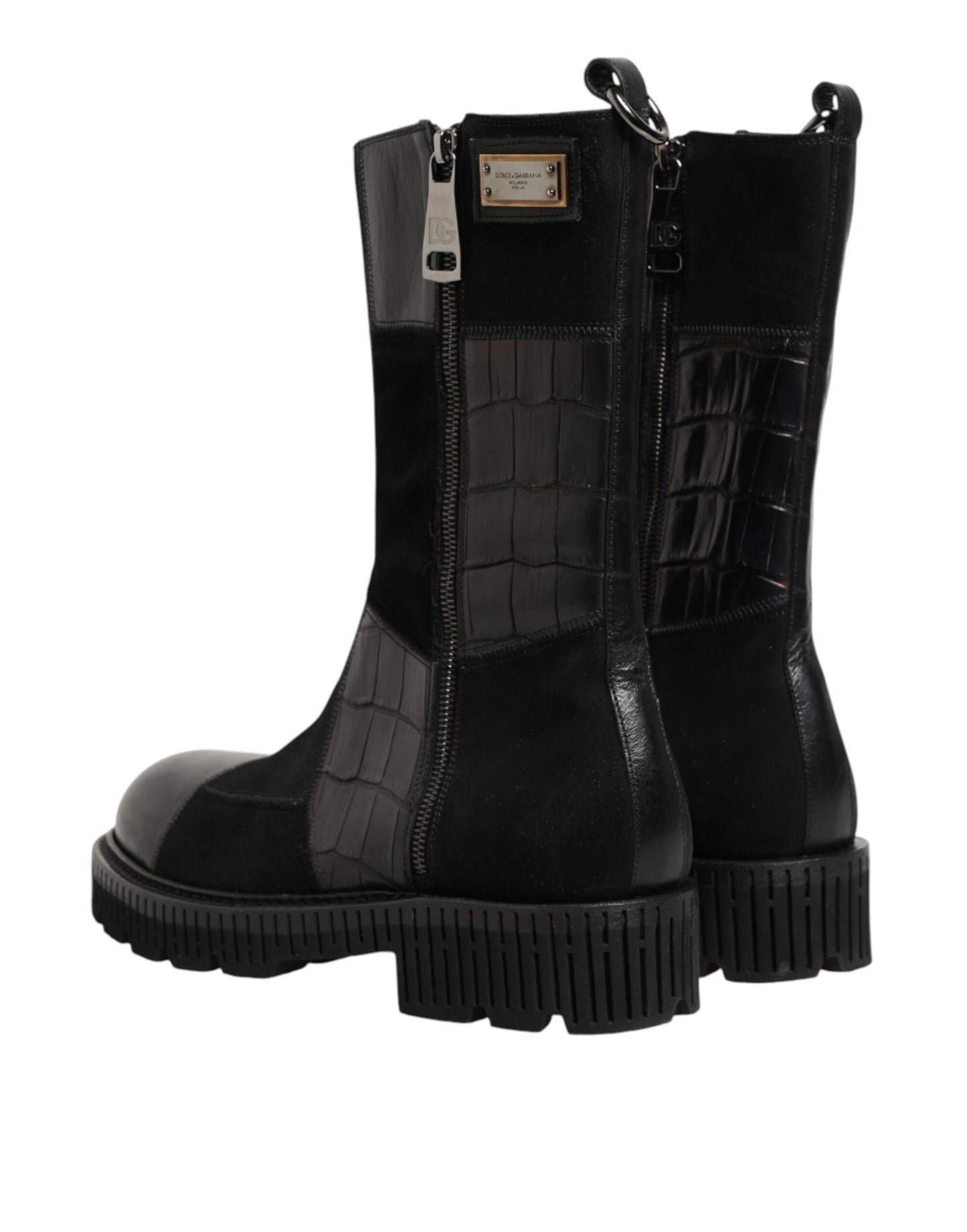 Dolce &amp; Gabbana Schwarze Patchwork-Lederstiefel bis zur Wade