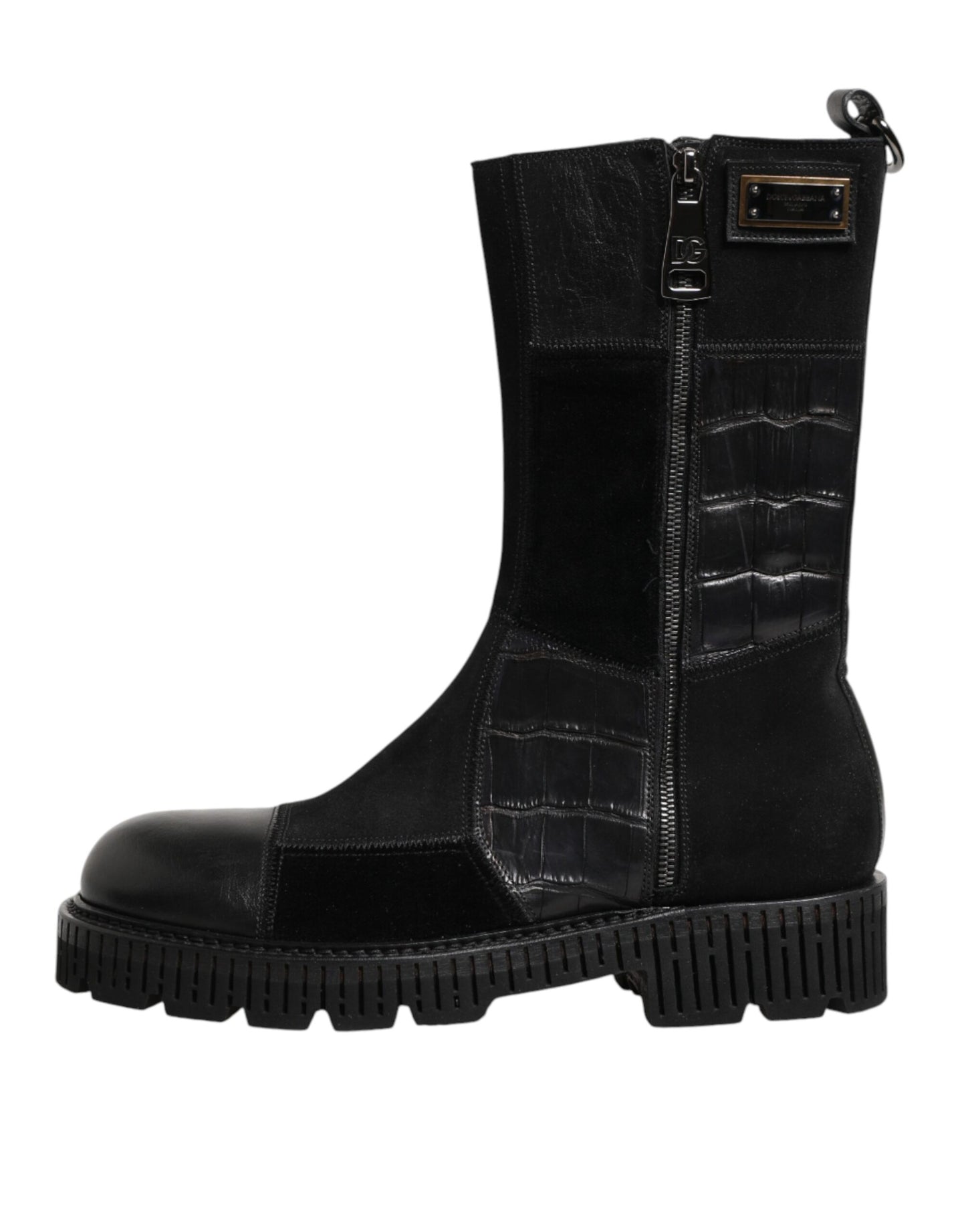 Dolce &amp; Gabbana Schwarze Patchwork-Lederstiefel bis zur Wade