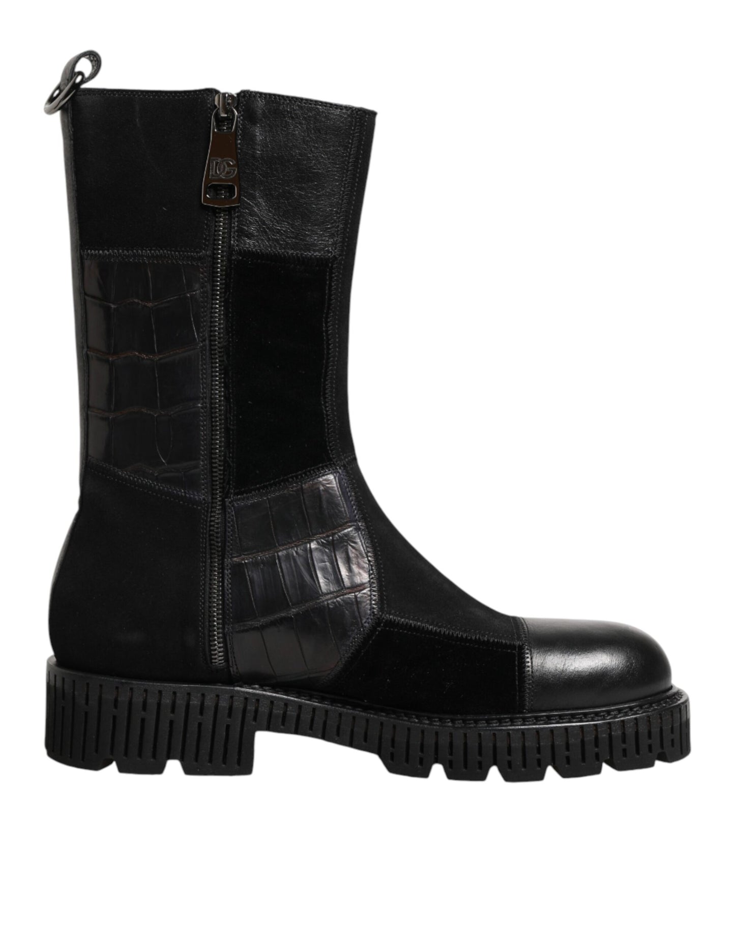 Dolce &amp; Gabbana Schwarze Patchwork-Lederstiefel bis zur Wade