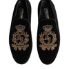 Dolce & Gabbana Black Velvet Gold Crown Mens Loafers Shoes