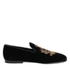 Dolce & Gabbana Black Velvet Gold Crown Mens Loafers Shoes