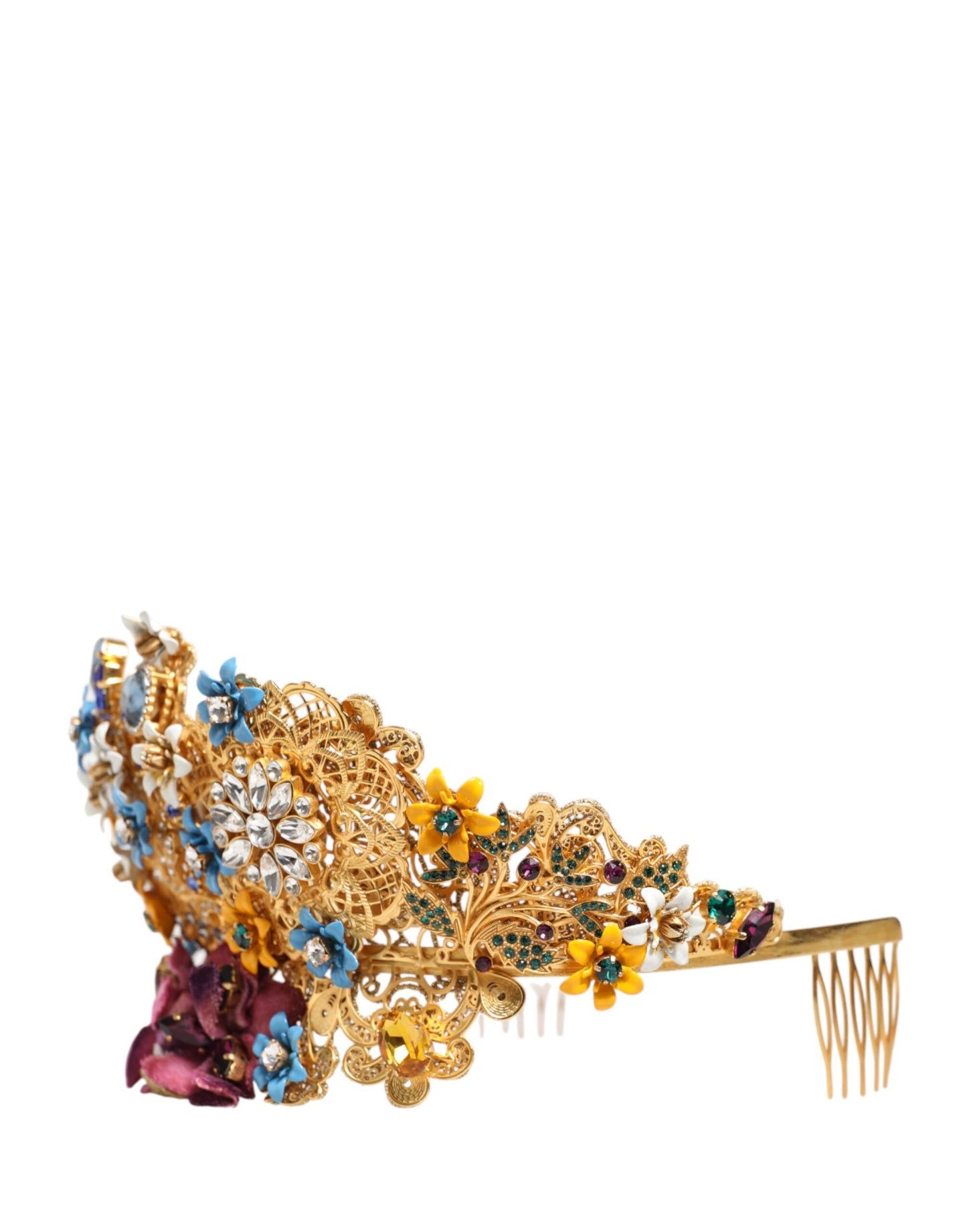 Dolce & Gabbana Gold Brass Crystal Floral Hortensia Crown Headband Tiara