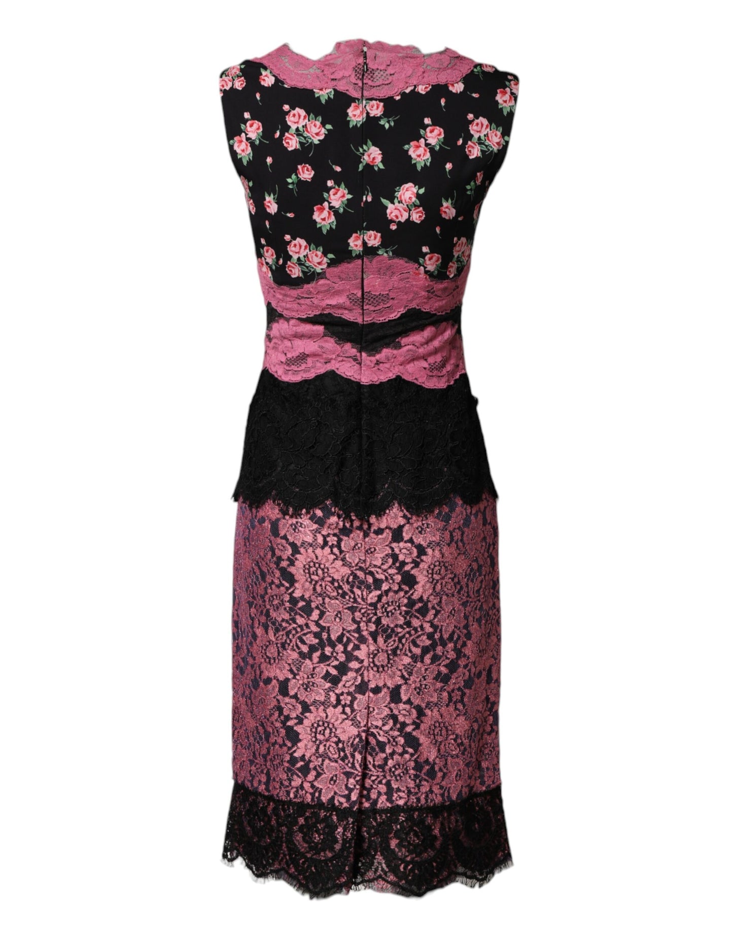 Dolce & Gabbana Black Pink Floral Lace Silk Sheath Dress