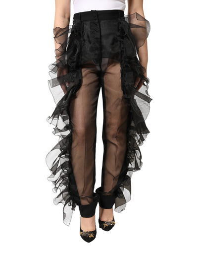 Dolce & Gabbana Black High Waist Tulle Wool Trouser Pants