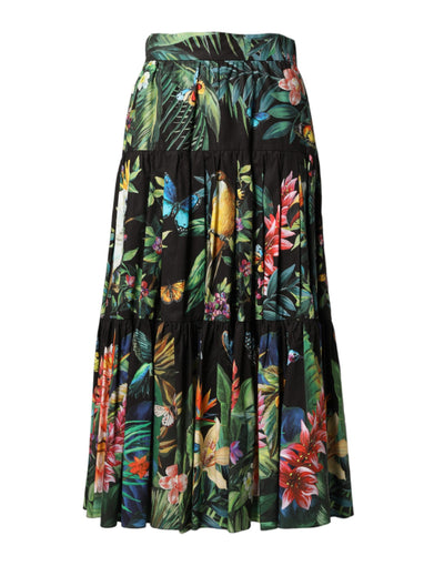 Dolce & Gabbana Black Cotton Floral High Waist Midi Skirt