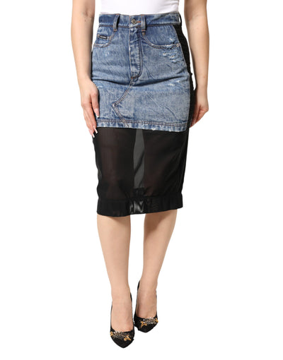 Dolce & Gabbana Blue Black Cotton Denim Sheer Midi Skirt