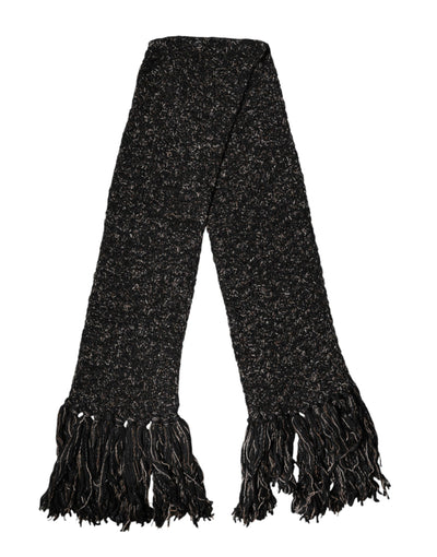 Dolce & Gabbana Black Wool Fringes Neck Wrap Foulard Scarf