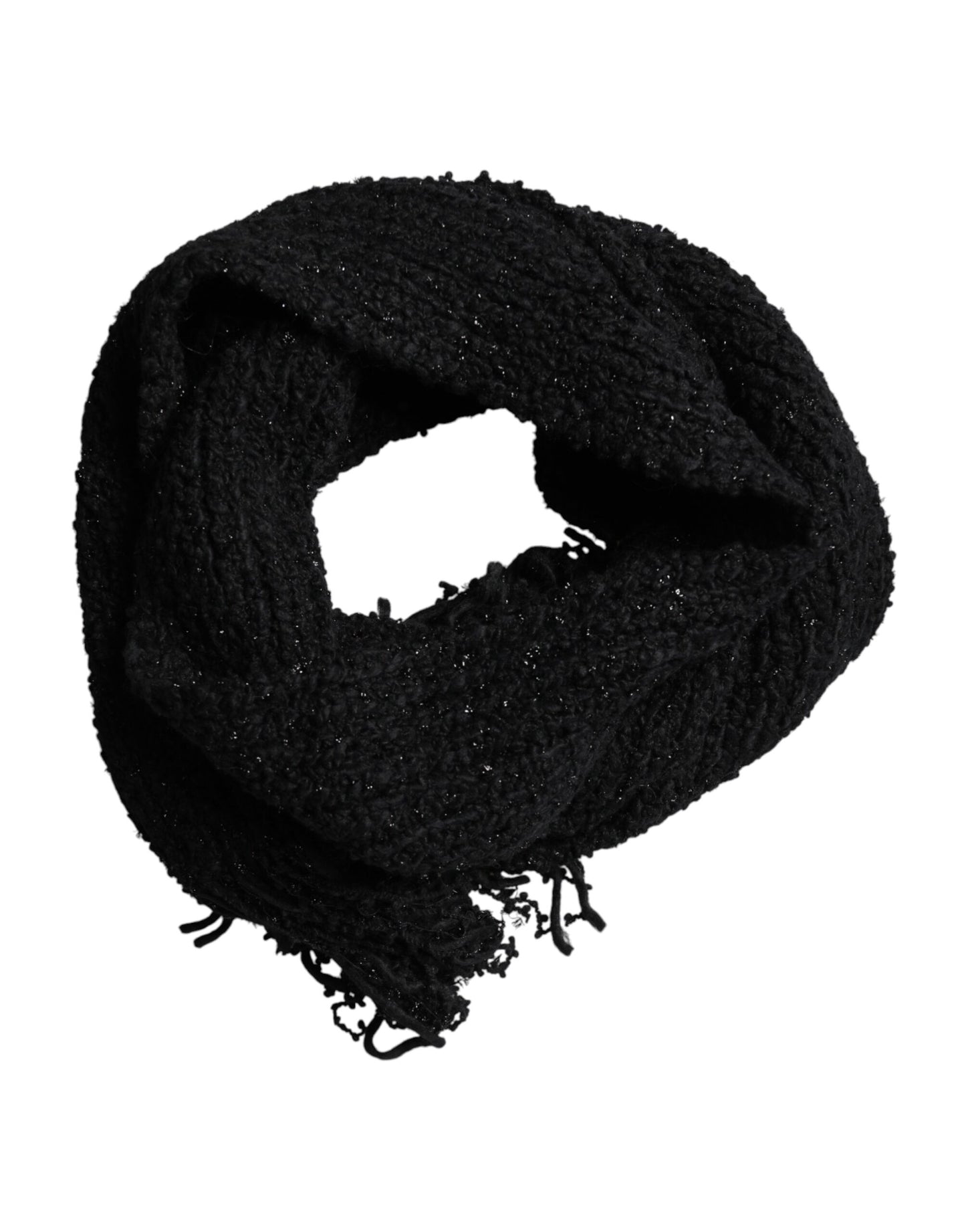 Dolce & Gabbana Black Wool Fringes Neck Wrap Foulard Scarf