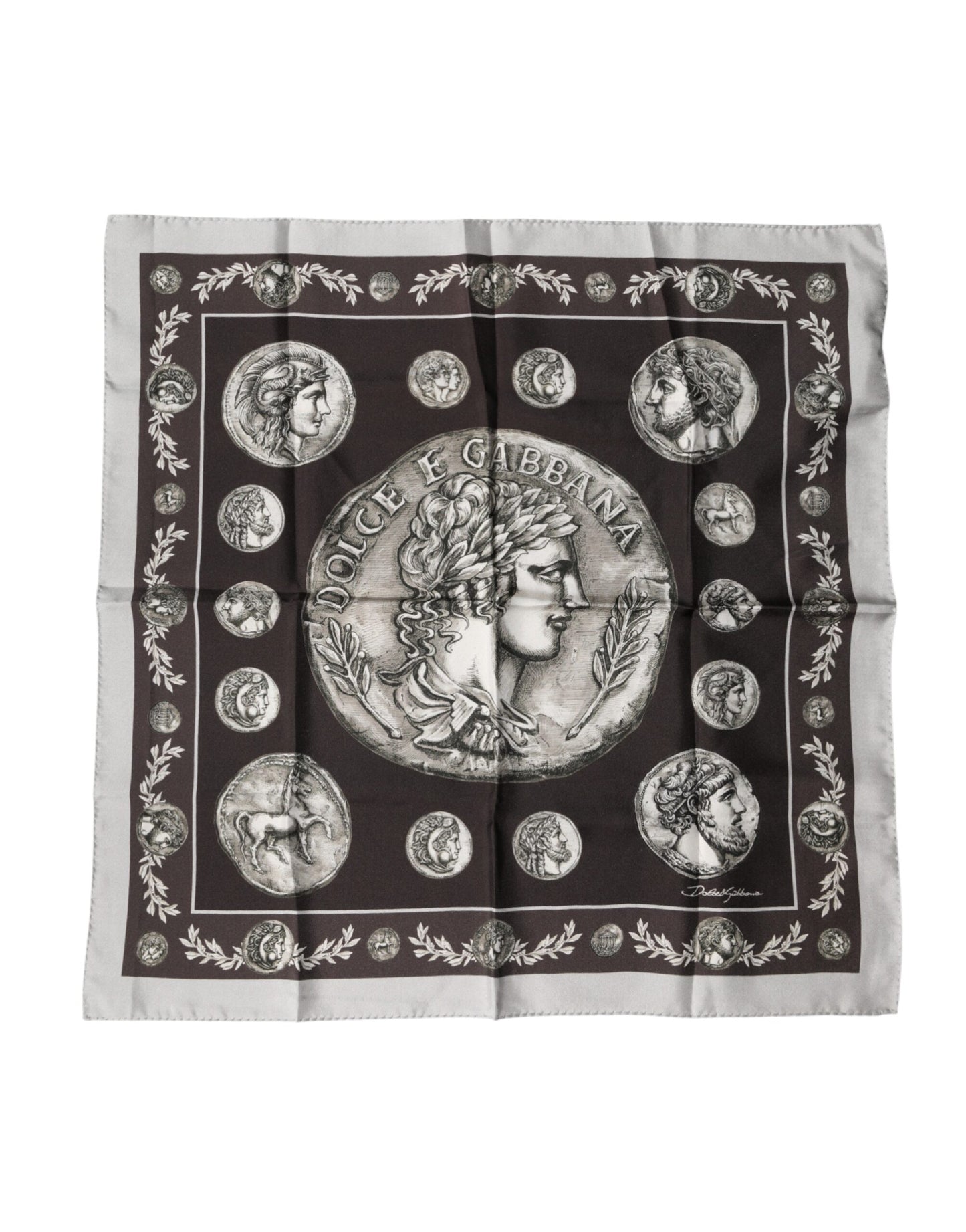 Dolce & Gabbana Brown Roman Coin Print Silk Square Foulard Scarf