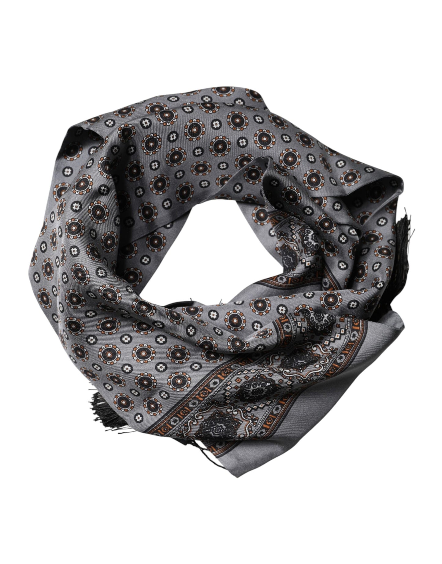Dolce & Gabbana Gray Patterned Fringes Neck Foulard Scarf