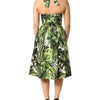 Dolce & Gabbana Green Leaves Print Cotton Halter Midi Dress