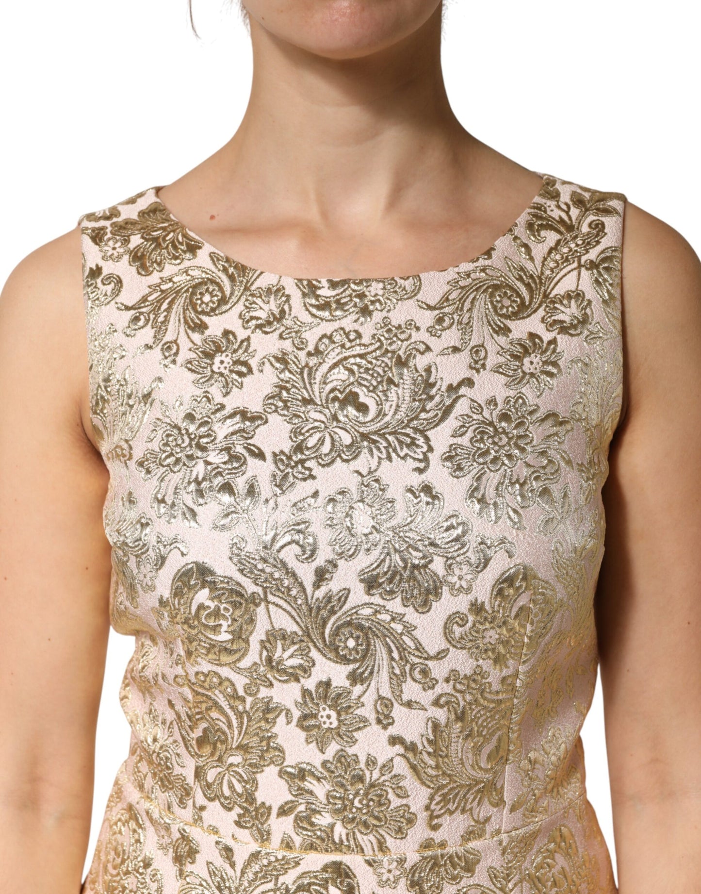 Dolce & Gabbana Beige Gold Floral Brocade Sleeveless Dress