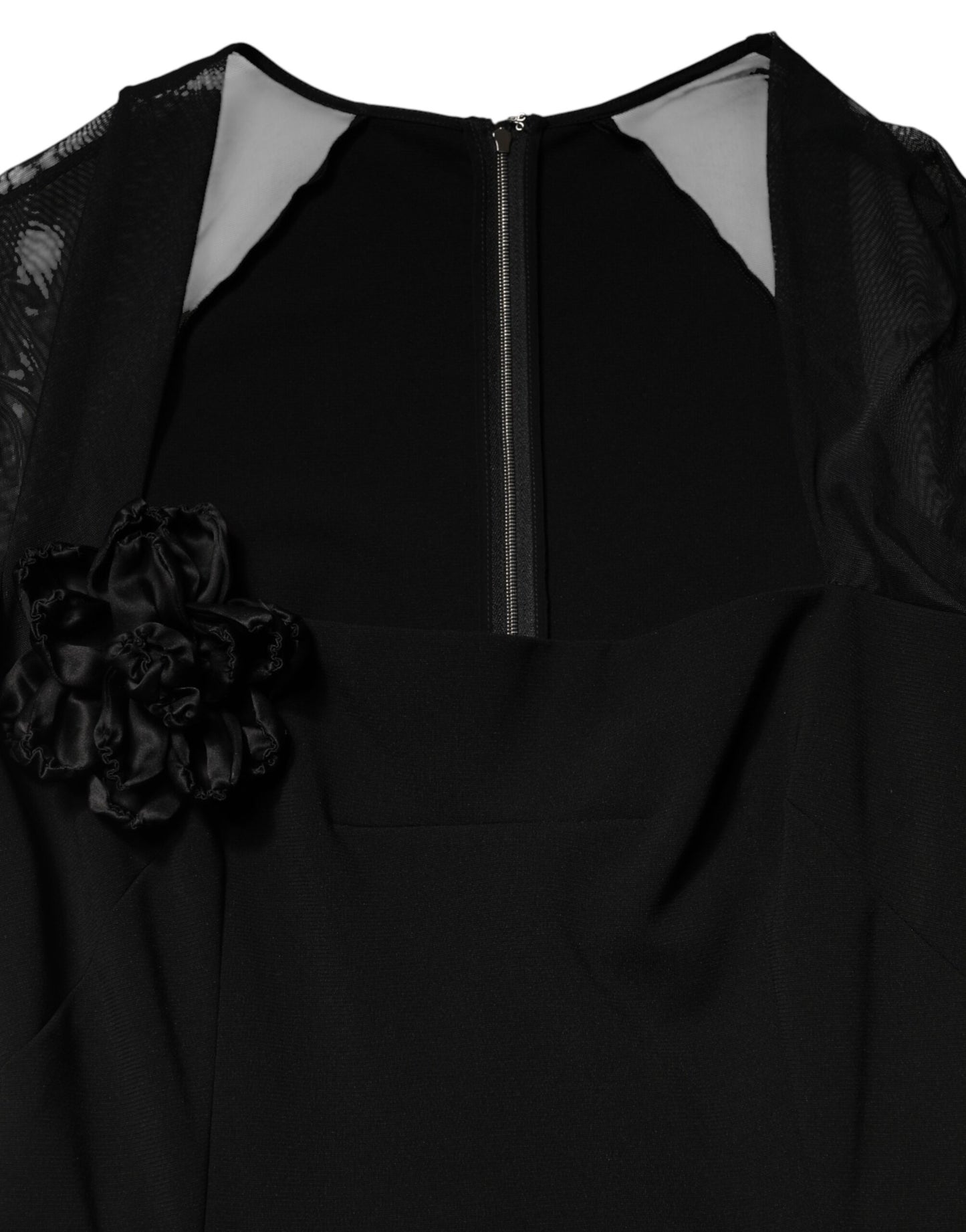 Dolce & Gabbana Black Sheer Yoke Rosette Sheath Midi Dress