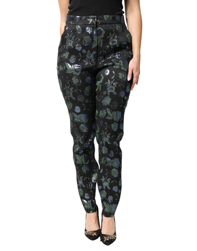 Dolce & Gabbana BlueGreen Floral Metallic Slim Trouser Pants
